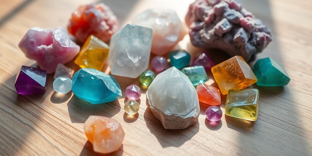 Disposizione di cristalli colorati su una superficie di legno.