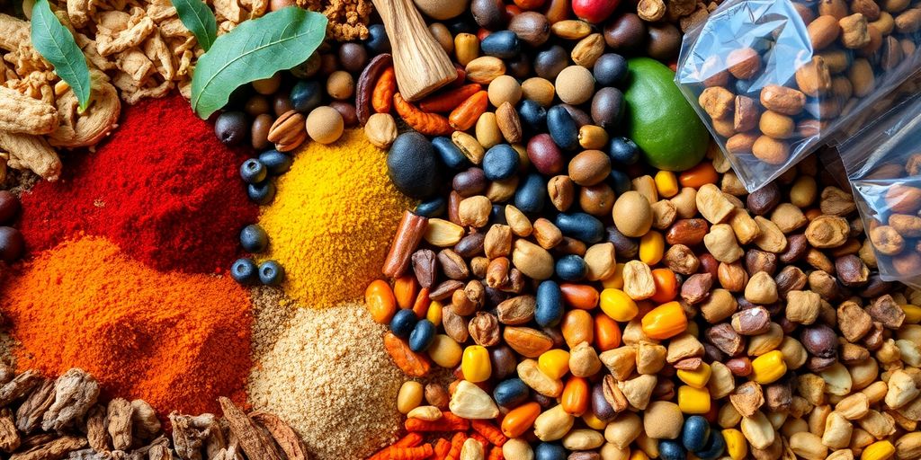 Diverse assortment of global food items.
