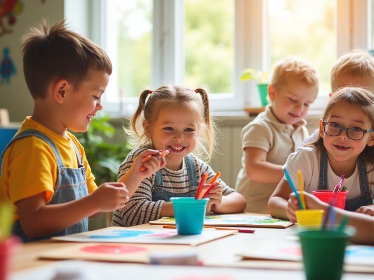 Copii pictând și desenând cu veselie.