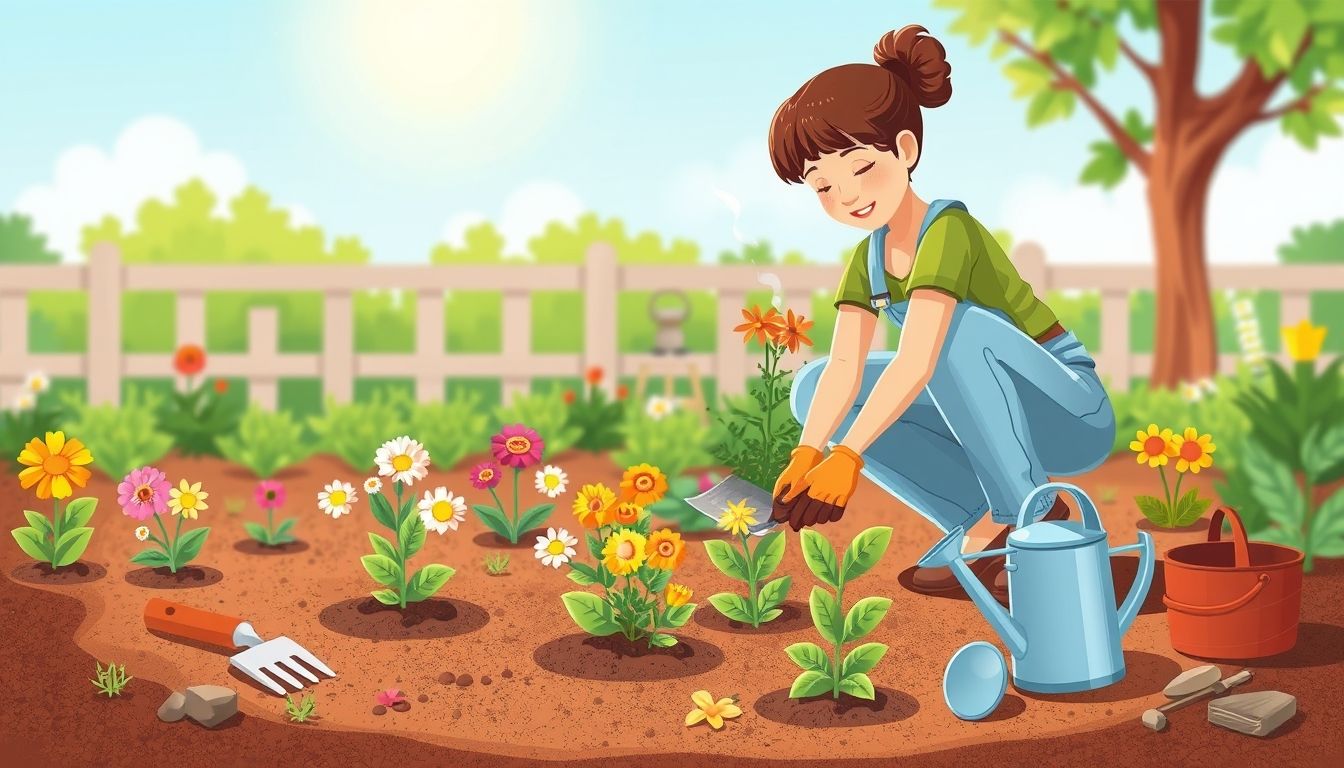 Gardener planting flowers in clay soil with tools nearby.