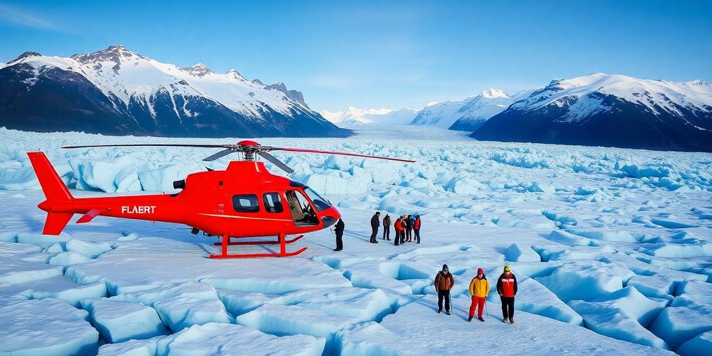A helicopter and trekkers on a vast blue Juneau glacier.