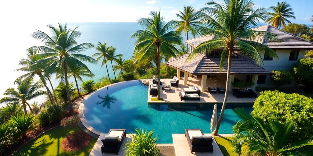 Luxury villa in Phuket with ocean view and pool.