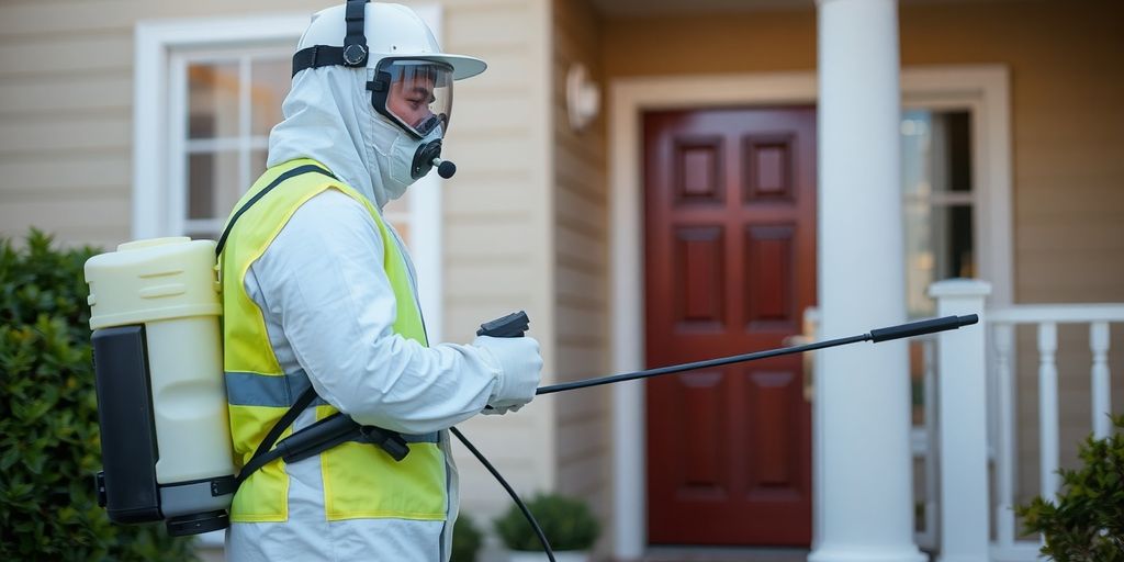 Tehnician de dezinsectie in actiune, aplicand tratament.
