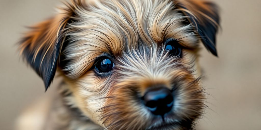 Fluffy Border Terrier puppy with dark eyes and a wet nose.