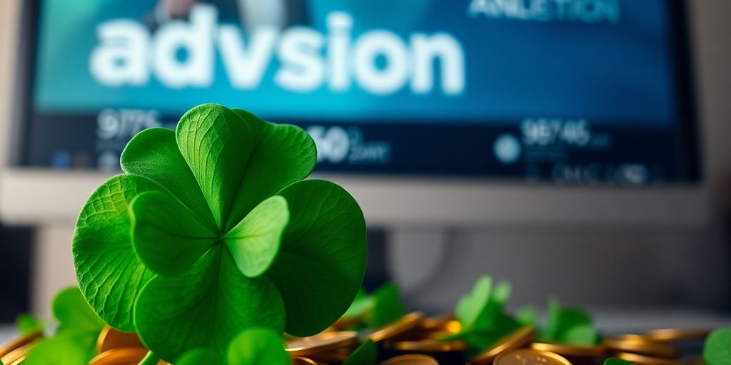 Irish flag atop coins, a computer screen nearby