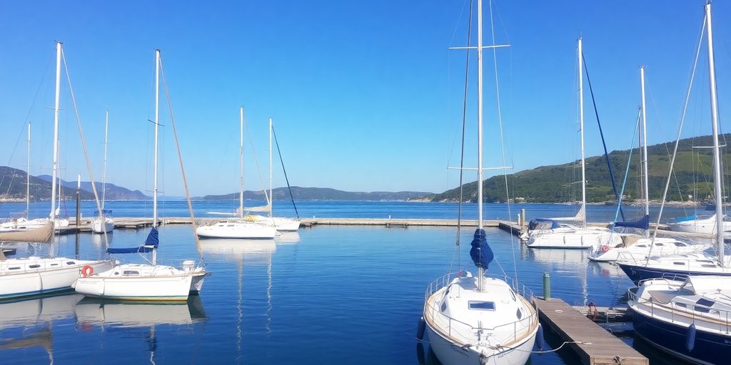 Boats docked in a sunny marina.