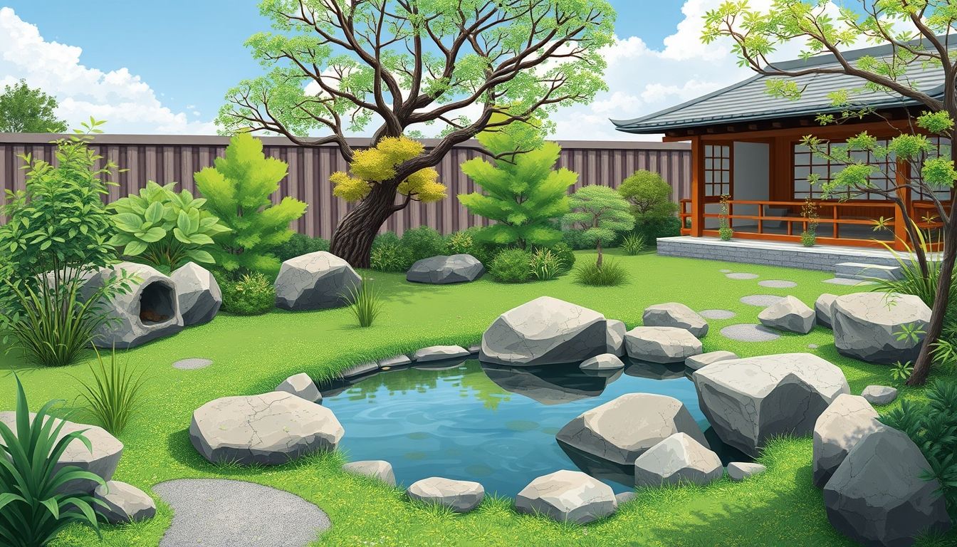 Serene zen garden with pond and rocks