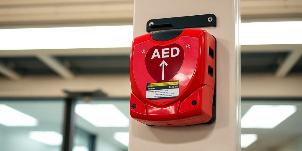 Een AED met een muurbeugel stevig gemonteerd.