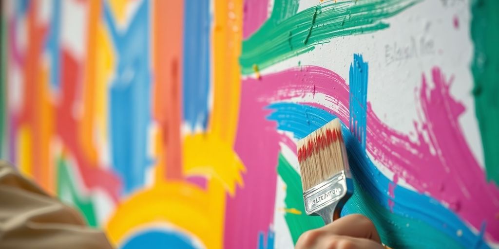 Painter applying colorful paint on a wall with brushes.