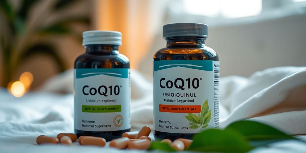 CoQ10 and ubiquinol capsules with a peaceful bedroom background.