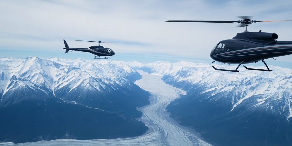A helicopter flies over a vast Alaskan mountain range.