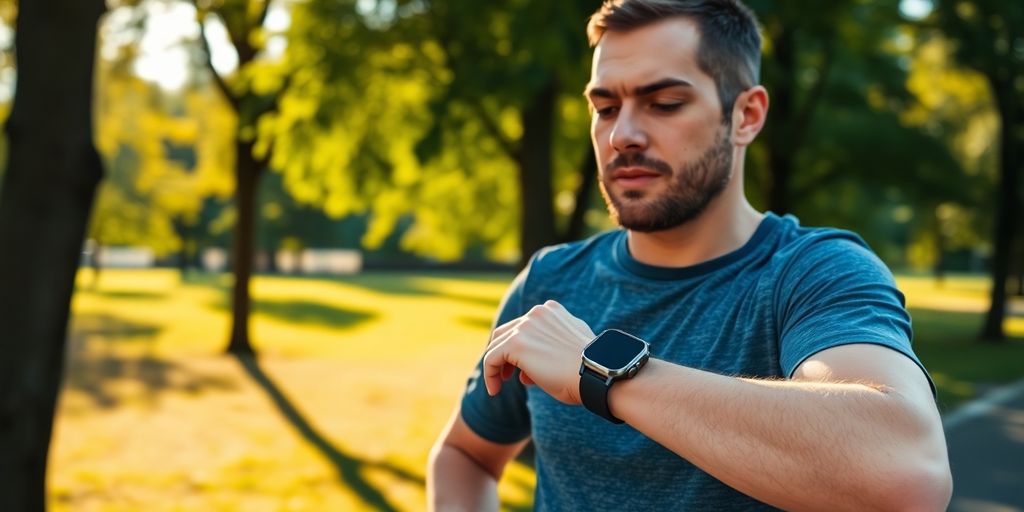 Person jogging with a smartwatch in a sunny park.