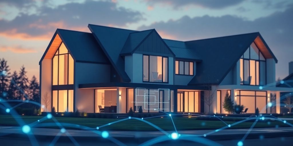 Crescimento imobiliário digital com casas e dados em tela.