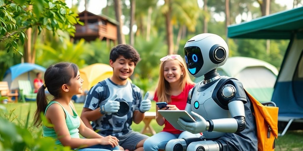 AI chatbot u prirodi sa srećnim kamperskim porodičama.