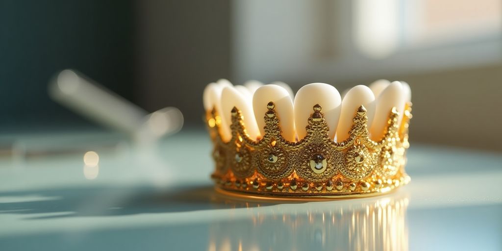 Couronne dentaire en or brillant sur une surface réfléchissante.