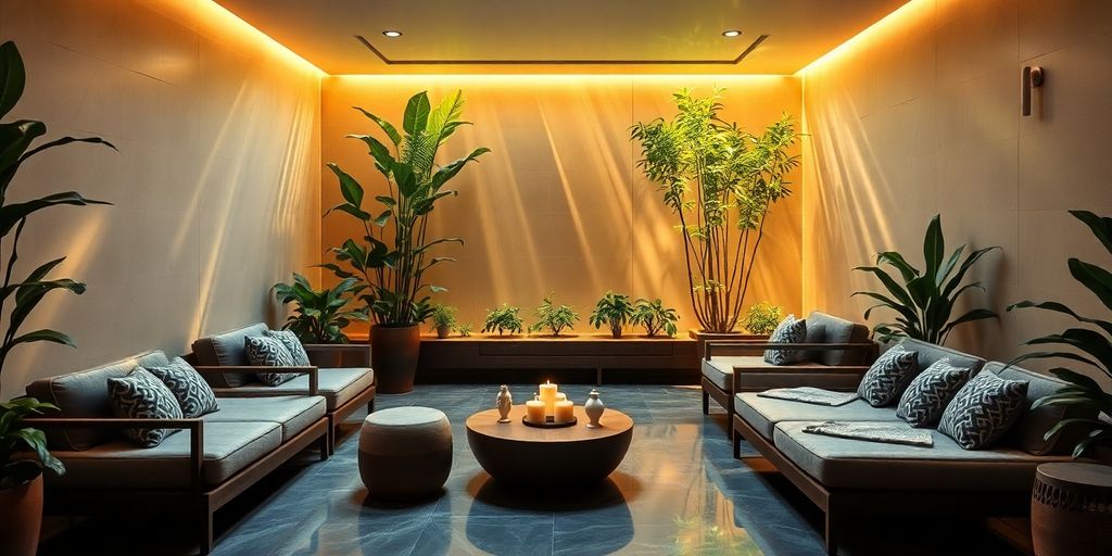 Serene spa interior with plush seating and soft lighting.