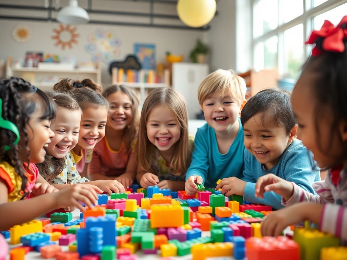 Copii jucându-se cu cuburi și puzzle-uri.