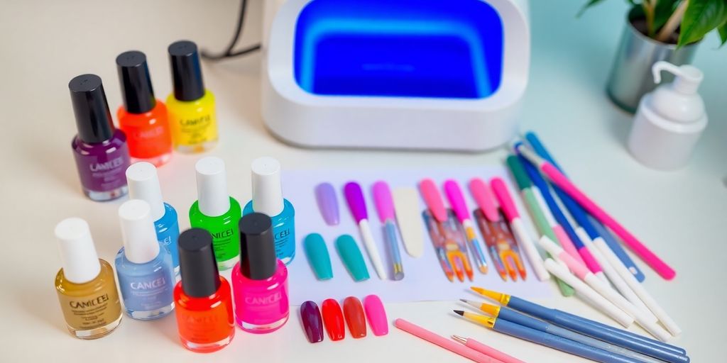 Materiais coloridos para unhas em gel sobre uma mesa.