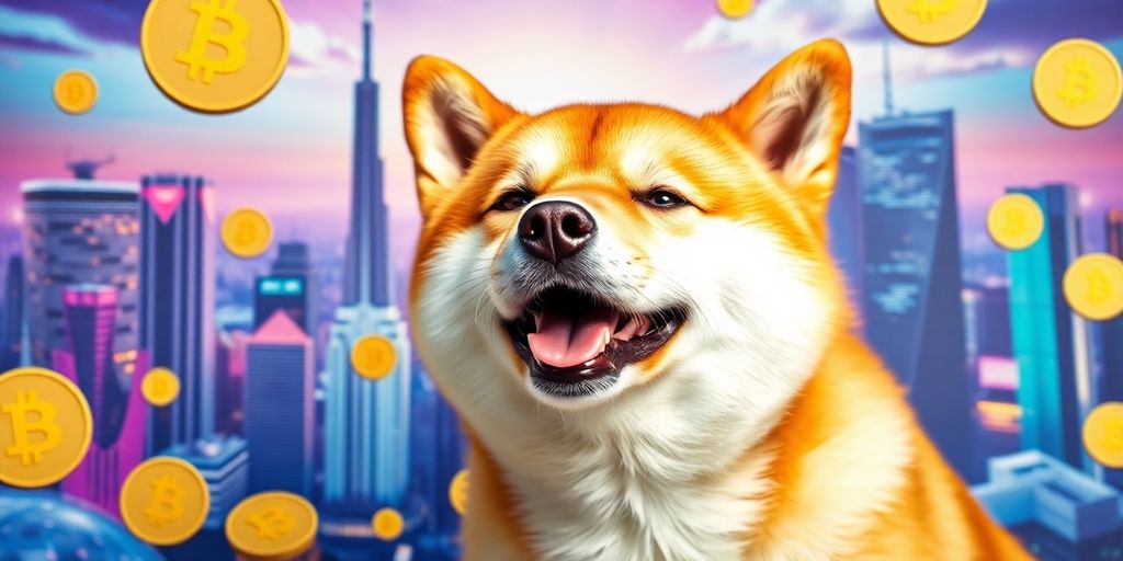 Shiba Inu with Dogecoin theme in a colorful setting.