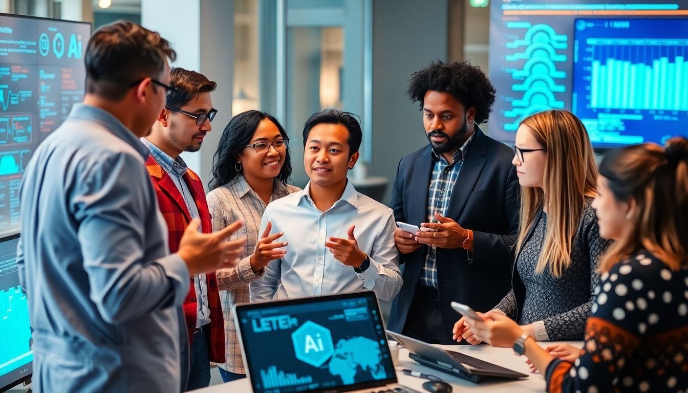 Diverse group discussing ethical AI development in a digital setting.