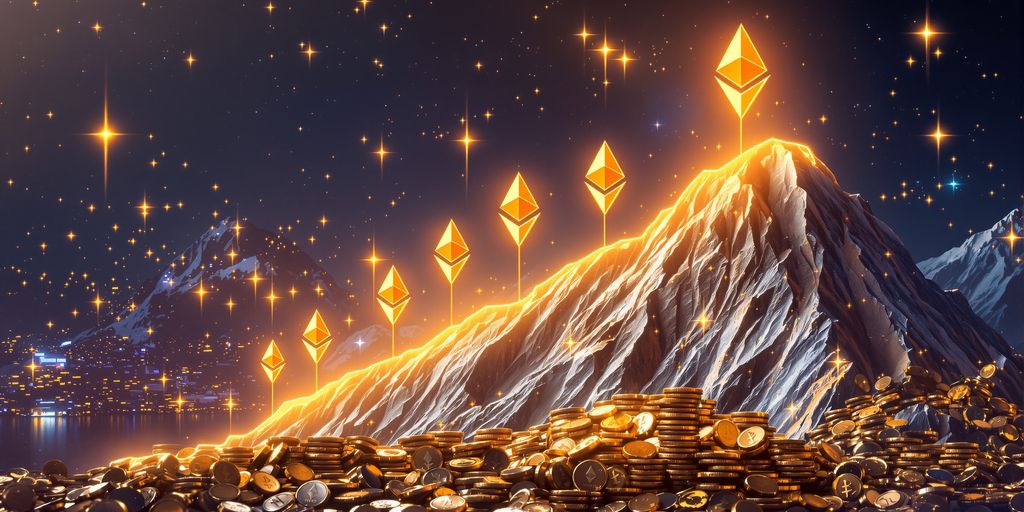 Ethereum symbols rising above coin mountains.