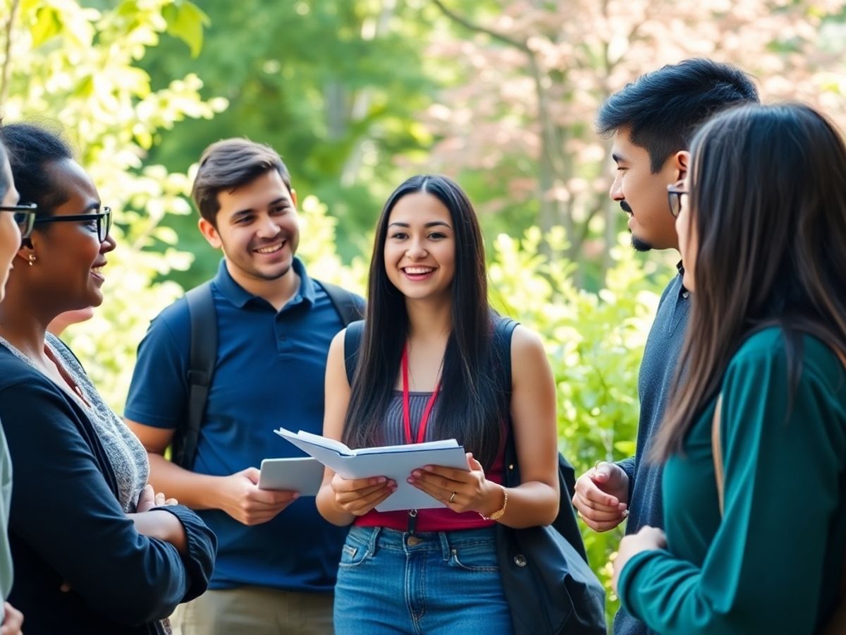 Graduate students engaging in discussion outdoors.