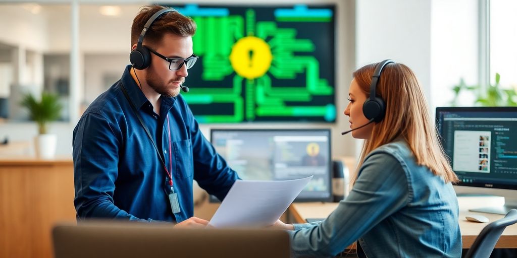 Técnico de IT ayudando a cliente en oficina con computadora.