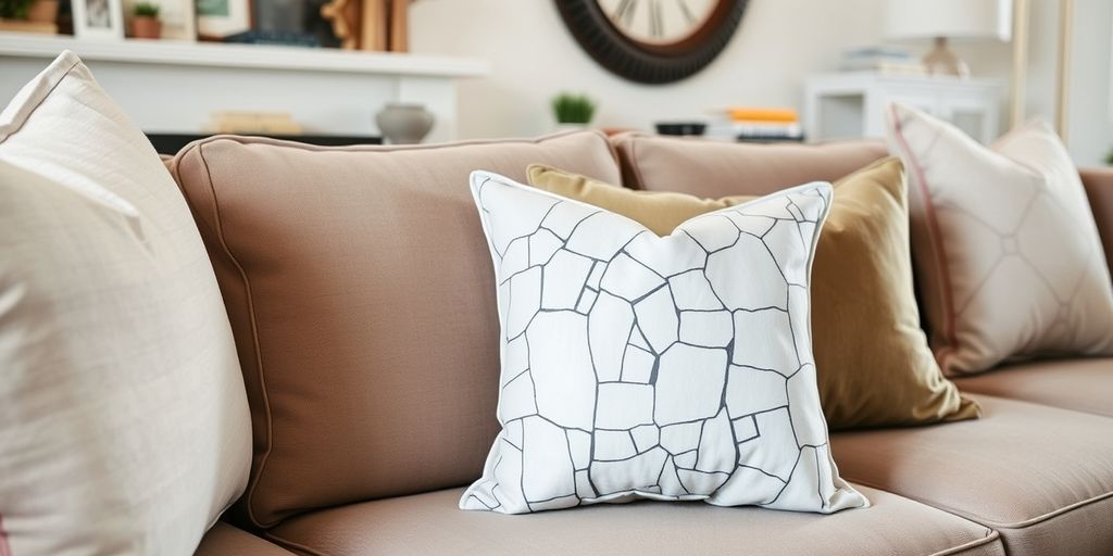 Crackle painted pillow on modern sofa