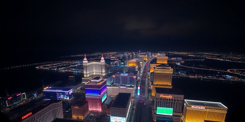 A helicopter flying over the brightly lit Las Vegas Strip.