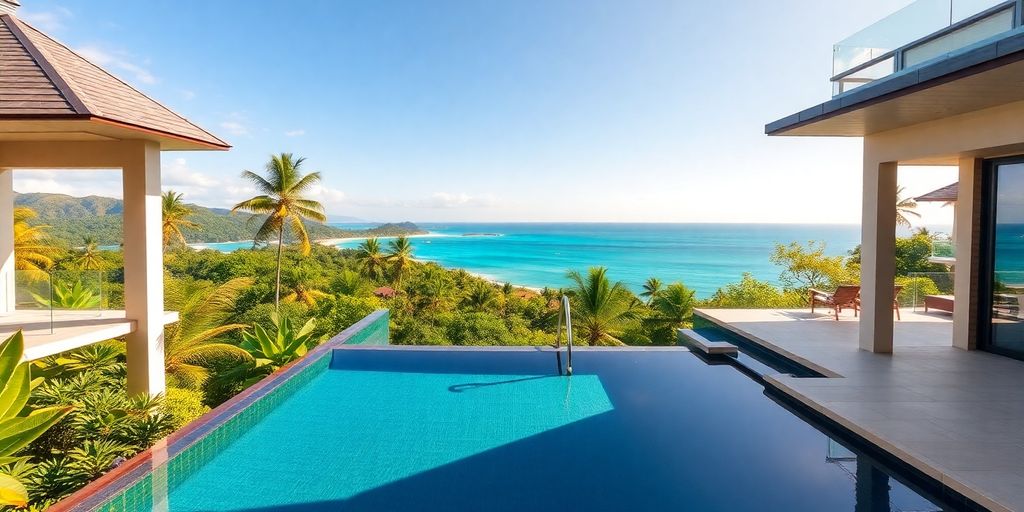 Luxury villa, infinity pool, tropical Phuket landscape