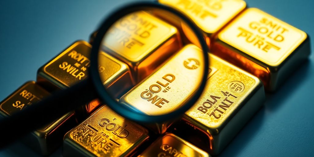 Barras de oro brillantes y una lupa sobre un fondo oscuro.