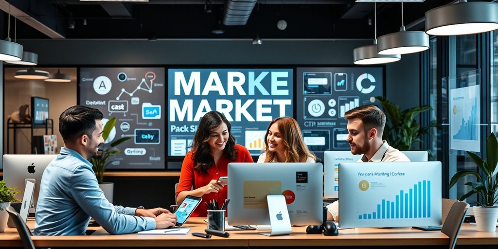 Profissionais de marketing digital em ambiente de escritório moderno.