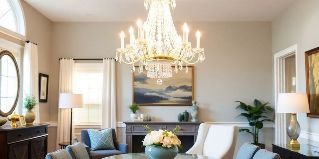 Elegant Wayfair chandelier illuminating a stylish living room.