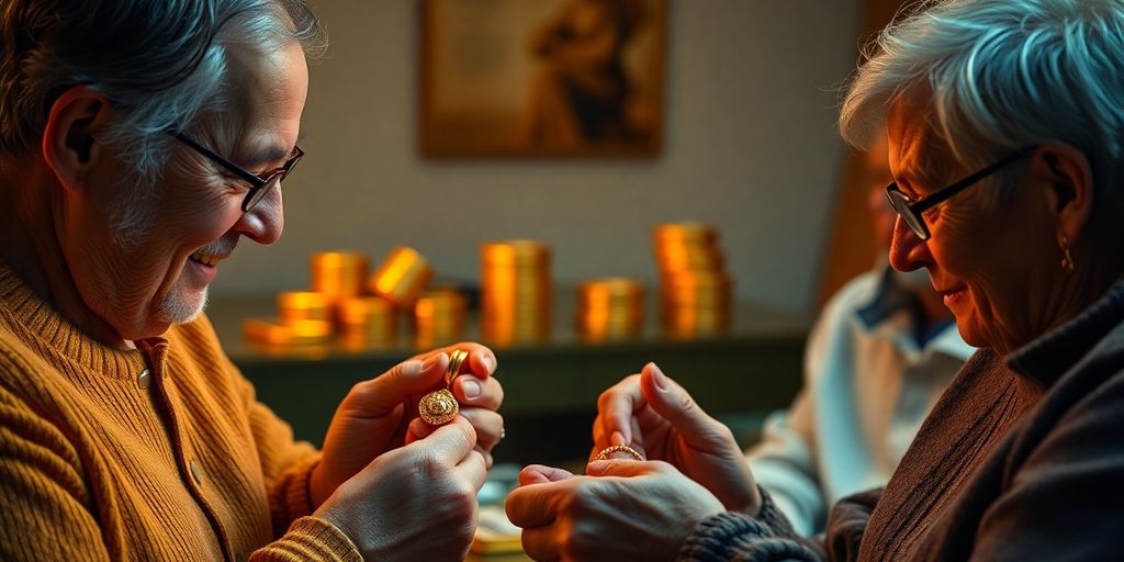 Retraités examinant des bijoux en or sous une lumière douce.