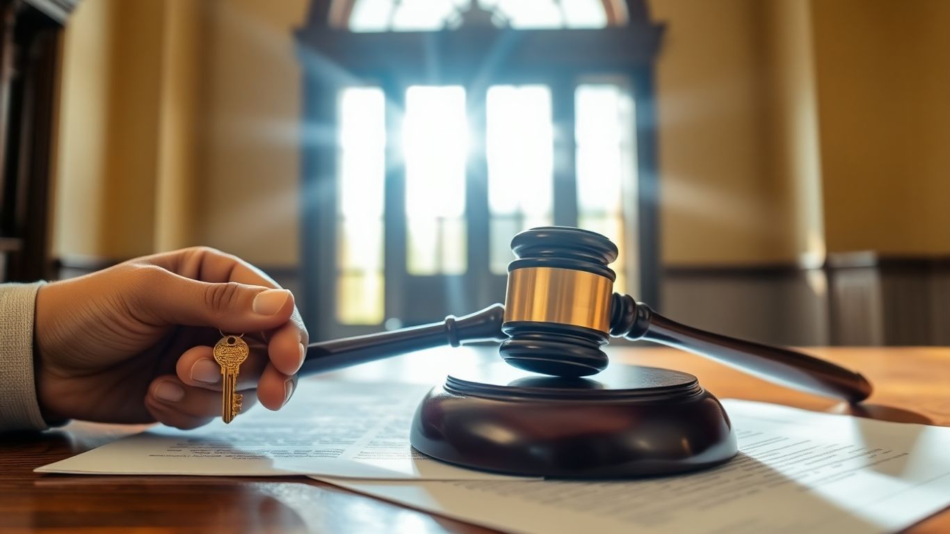 Jamaican courthouse, gavel, legal documents, golden key, property ownership