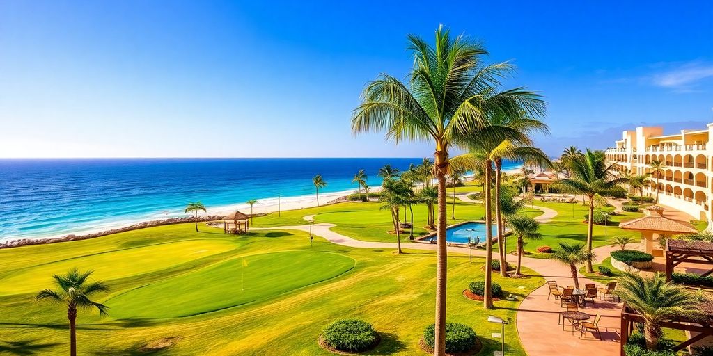Luxury Los Cabos resort with golf course and ocean view.