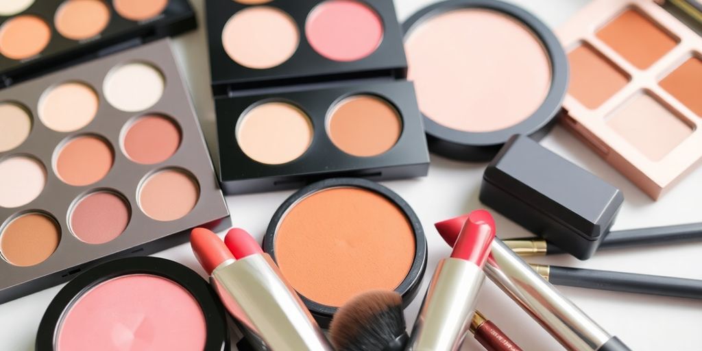 Mulher aplicando maquiagem com pincéis e produtos coloridos.