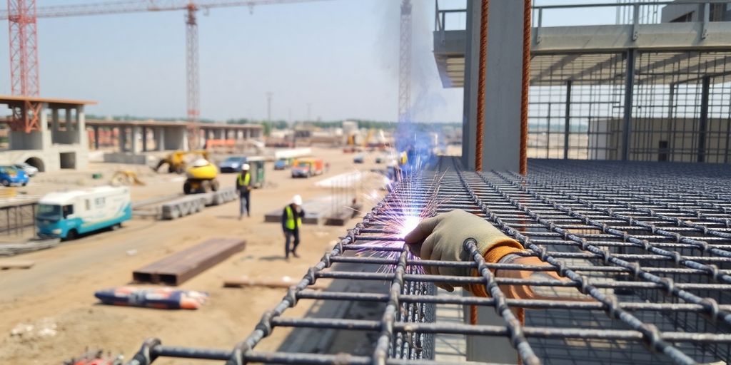 Steel mesh welding in construction for infrastructure reinforcement.