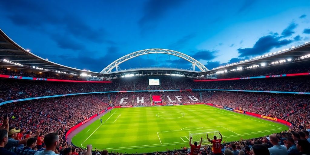 Wembley Stadium with arch and cheering fans.