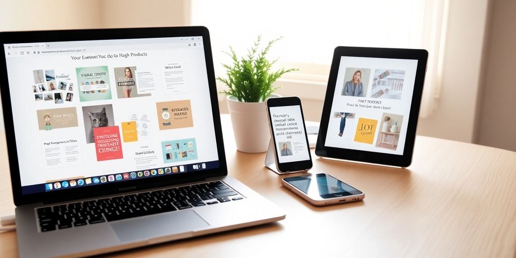 Digital products on a laptop, a tablet, and a smartphone.
