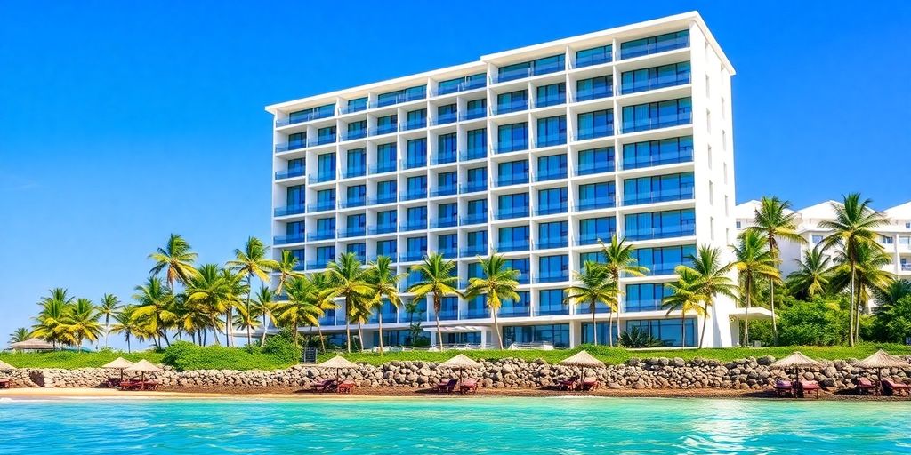 Beachfront condo in Pattaya, Thailand with palm trees.