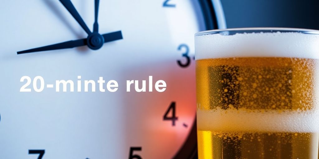 Clock and beer glass illustrating the 20-minute rule.