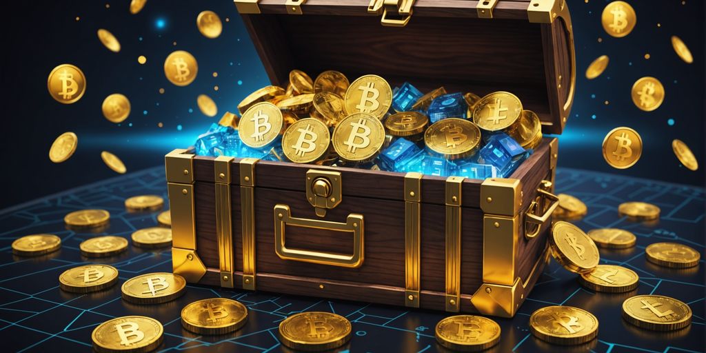 Treasure chest with cryptocurrencies and golden keys