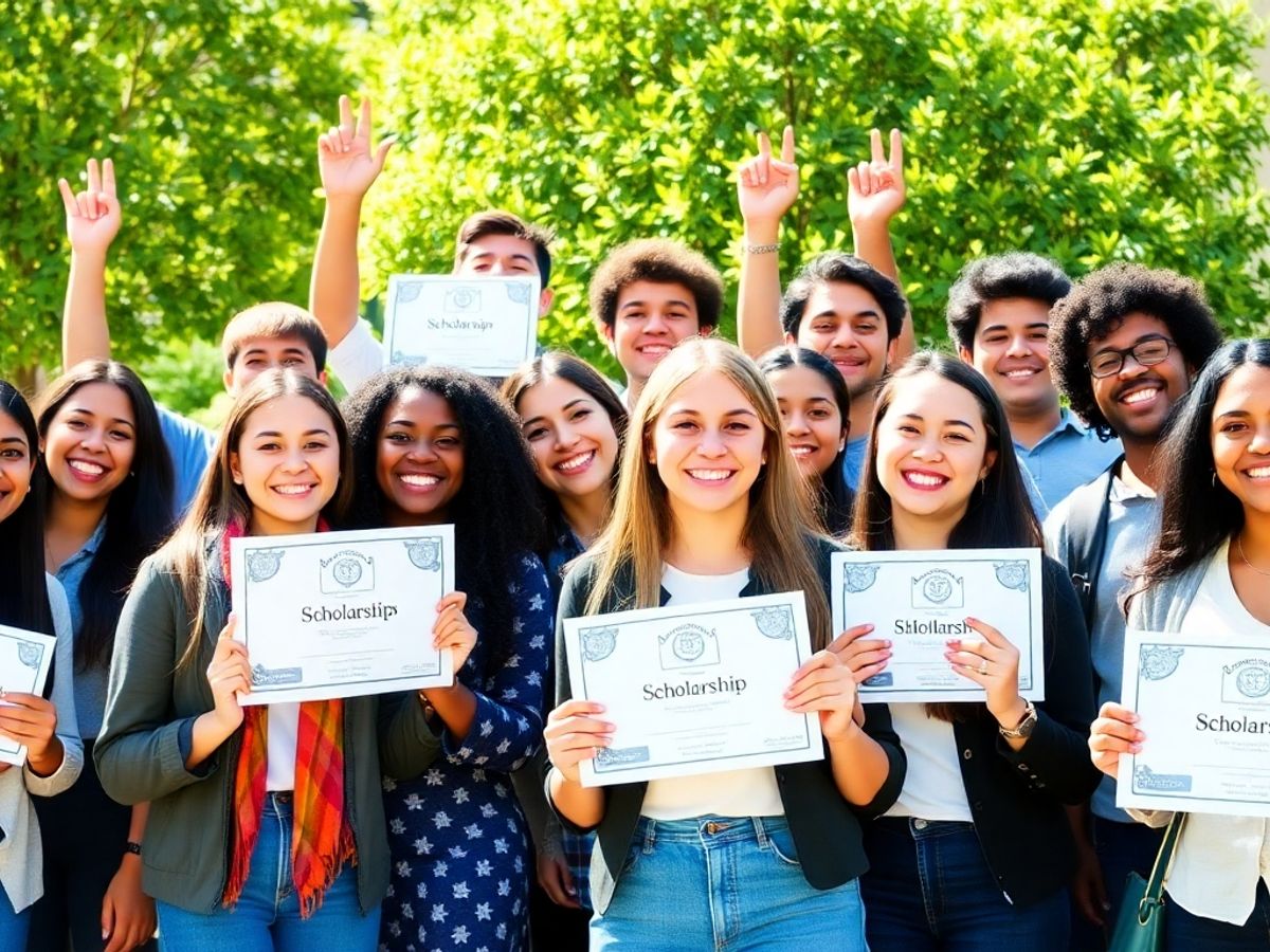 Diverse students celebrating scholarship success outdoors.
