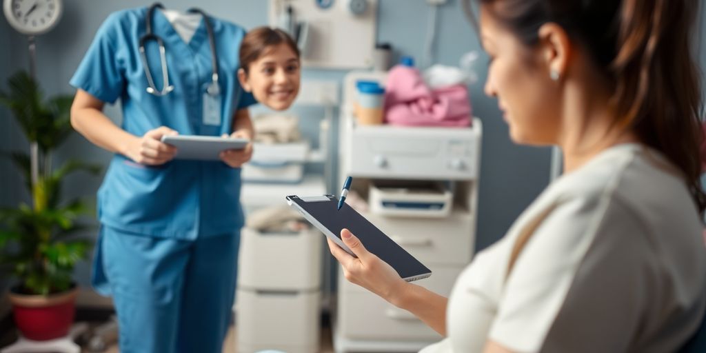 Nurse practitioner writing notes, interacting with patient.