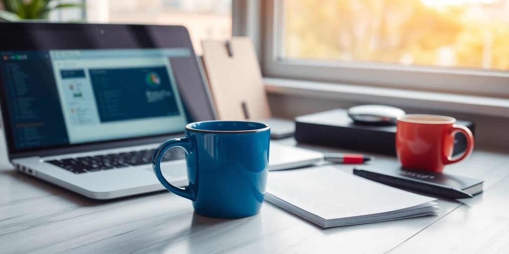 A bright workspace with a laptop and notepad.