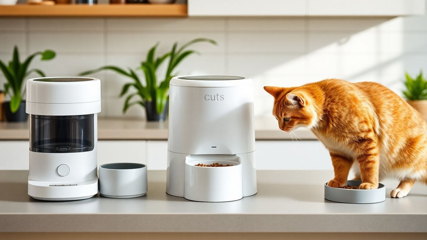 Cat explores three automatic feeders on kitchen countertop.