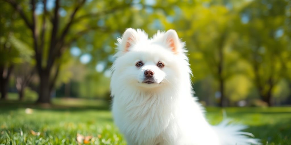 Fluffy white Japanese Spitz dog in park.