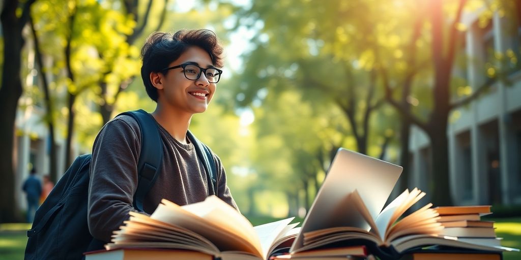 University student in a vibrant campus with open books.