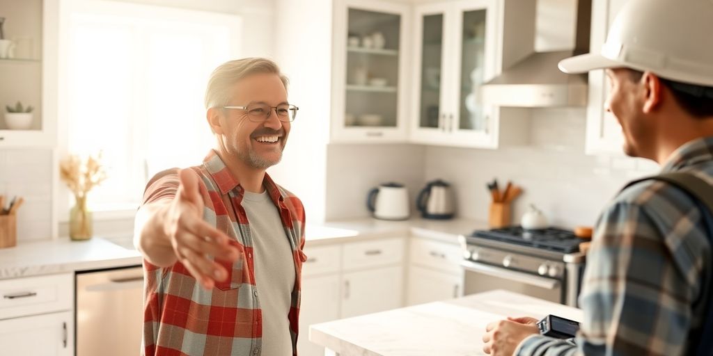 Happy homeowner shaking hands with contractor at new kitchen.